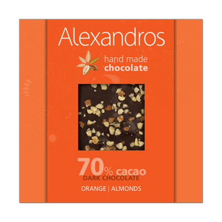 Alexandros Χειροποίητη Σοκολάτα Υγείας Με Πορτοκάλι Και Αμύγδαλα 90g